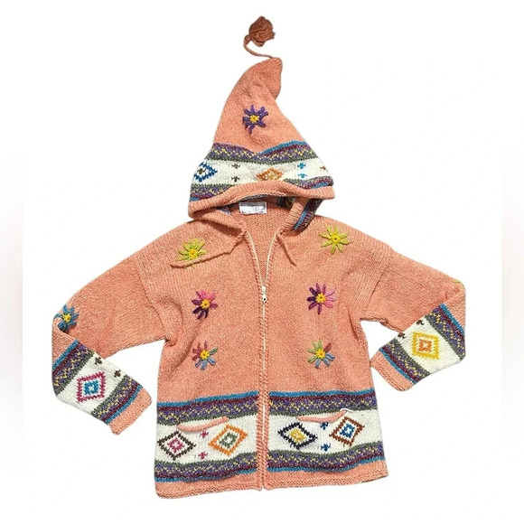 Vintage Jackets & Blazers - Handmade Vintage Colorful Knit 100% Wool Hooded Cardigan